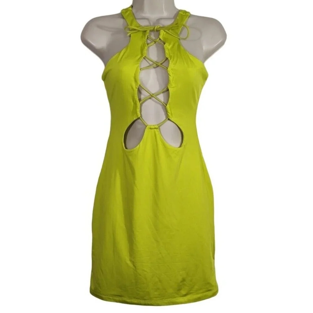 Tic Toc Neon Green Bodycon Mini Dress Women Size S Sleeveless Party Club Lace Up
